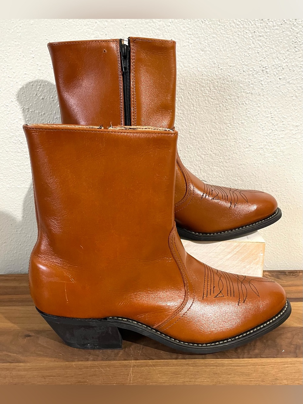 Vintage Cognac Leather Western Cowboy Boots Zip Ankle Cowgirl Riding Equestrian